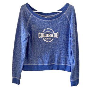 Pimatee Blue Long Sleeve Cropped Sweatshirt Top Women Medium Colorado Estes Park